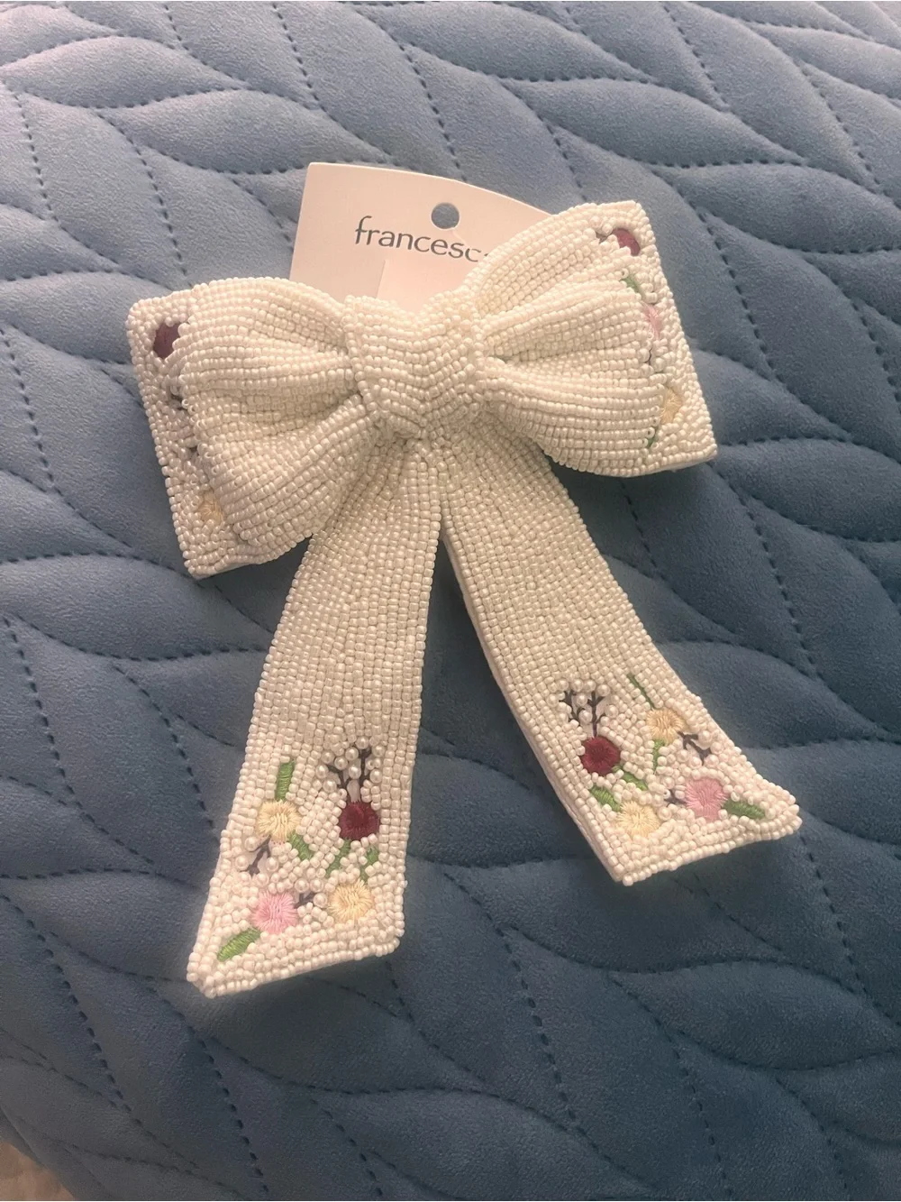 Francesca's white Beaded Bow Clip with Floral Embroidery